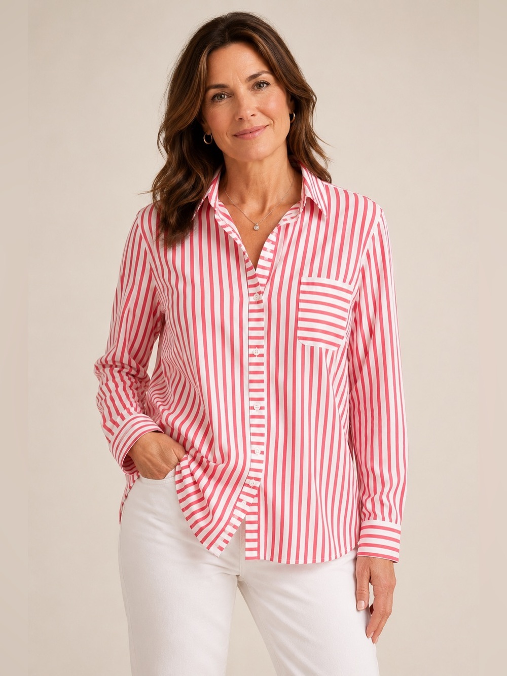 Chico’s No Iron Pink White Stripe Button Front Blouse Sz 3 XL Long Sleeve Shirt